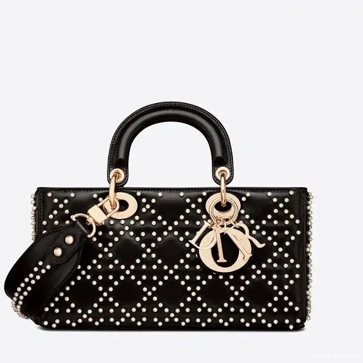 Lady Motif Cannage Bag Black Medium Beads D-Joy with Lambskin 0425 Luxury